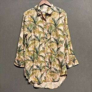 THE LAZY POET Floral Long Sleeve PJ Top 100% Linen Tripical Leaf